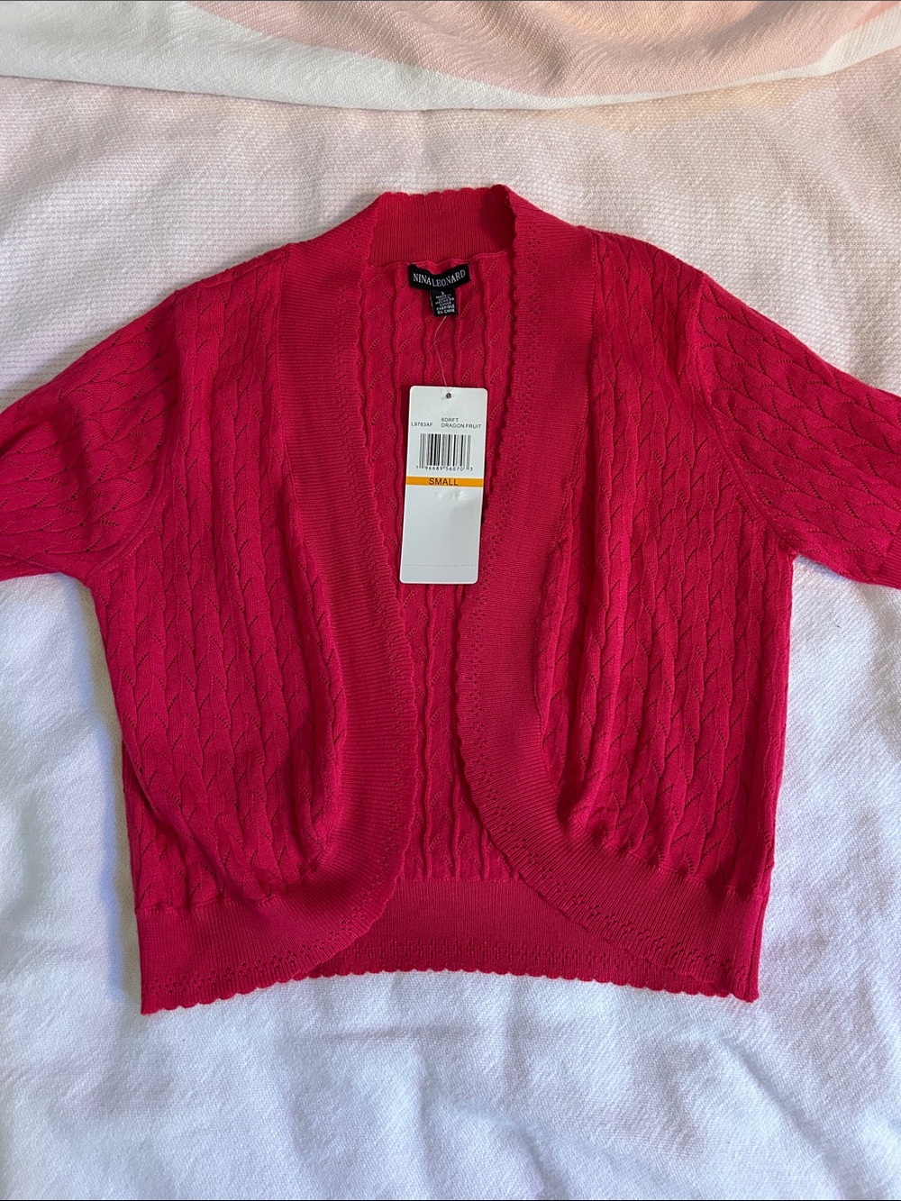 Nina Leonard Bright Pink Open-Front Short Sleeve Cable Cardigan